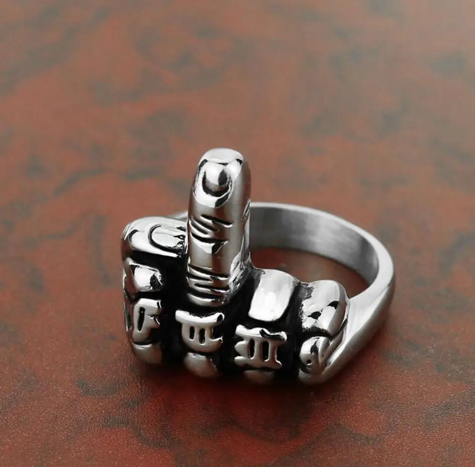 

Punk Gothic Rock Personality Fashion jewelry Titanium Stainless steel Classic Biker Silver Men's Erect middle finger Ring 8-12