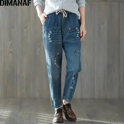 Dimanaf Для женщин шаровары брюки джинсовые плюс Размеры 2018 Весенняя мода вышивка цветочные эластичный пояс длинные джинсы брюки более