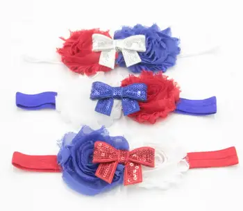 

10pcs/lot 4th of July American Patriotic Shabby Flower Headband Flower Sequin Bows Elastic Headband Hair Accessory