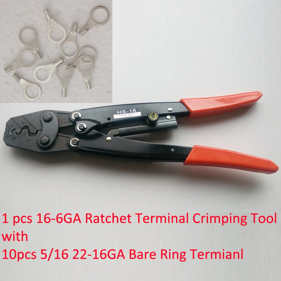 

HS-16 Ratchet Terminal Crimper for Non-insulated AWG16-6 with 10 5/16 22-16Ga Wire Ring Terminal Connector Uninsulated