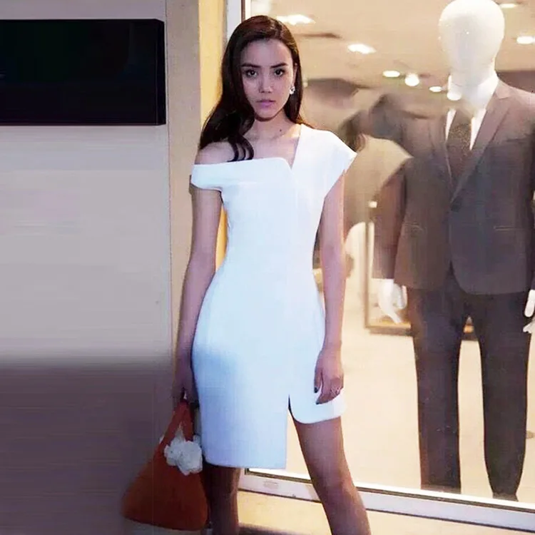 

2019 Dress Houlder Protruding Shoulder Open Fork Irregular Temperament Dress Clothes Knee-Length Zippers Sleeveless A-Line Dress