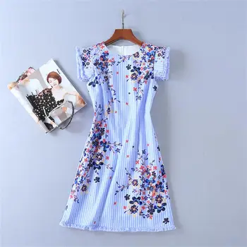 

Runway Dresses 2018 High Quality Spring Summer O-Neck Ruffles Sleeve Printed A-Line Mini Dress DX0624N
