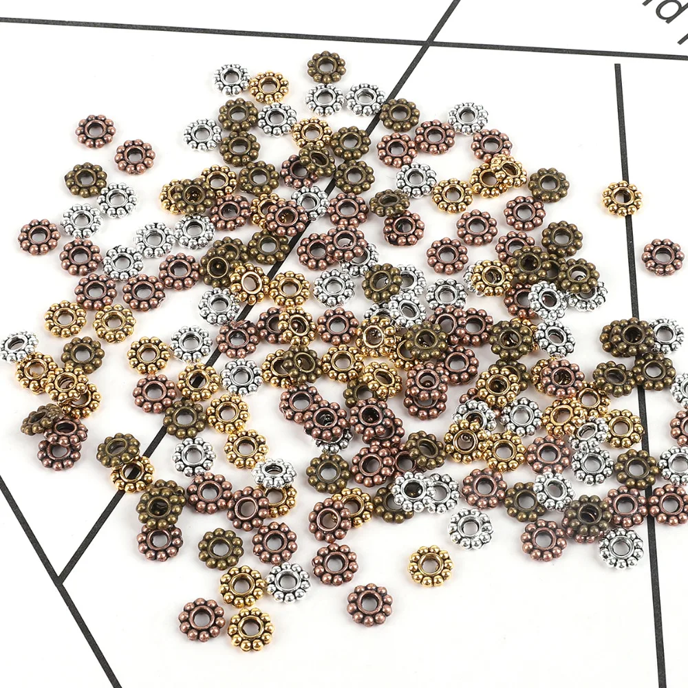 50 шт., распорки для цветов ромашки, 6 мм, металлические тибетские золотые и серебряные распорные бусины для самостоятельного изготовления ювелирных изделий, отверстие: 2 мм