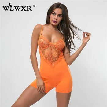 

WLWXR Transparent Short Sexy Lace Jumpsuit Women Romper Playsuit V Neck Skinny Backless Summer Bodycon Jumpsuit Female Overalls