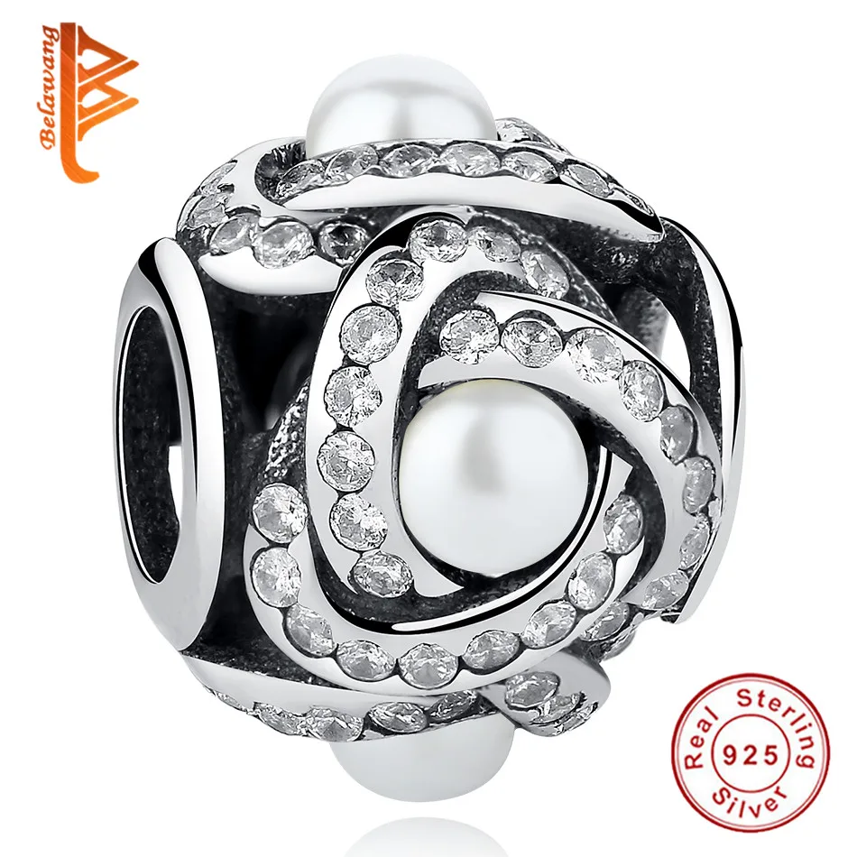 

925 Sterling Silver Luminous Love Knot Charm Clear Crystal CZ Pearl Beads Fit Bracelet Necklace Original Jewelry Making