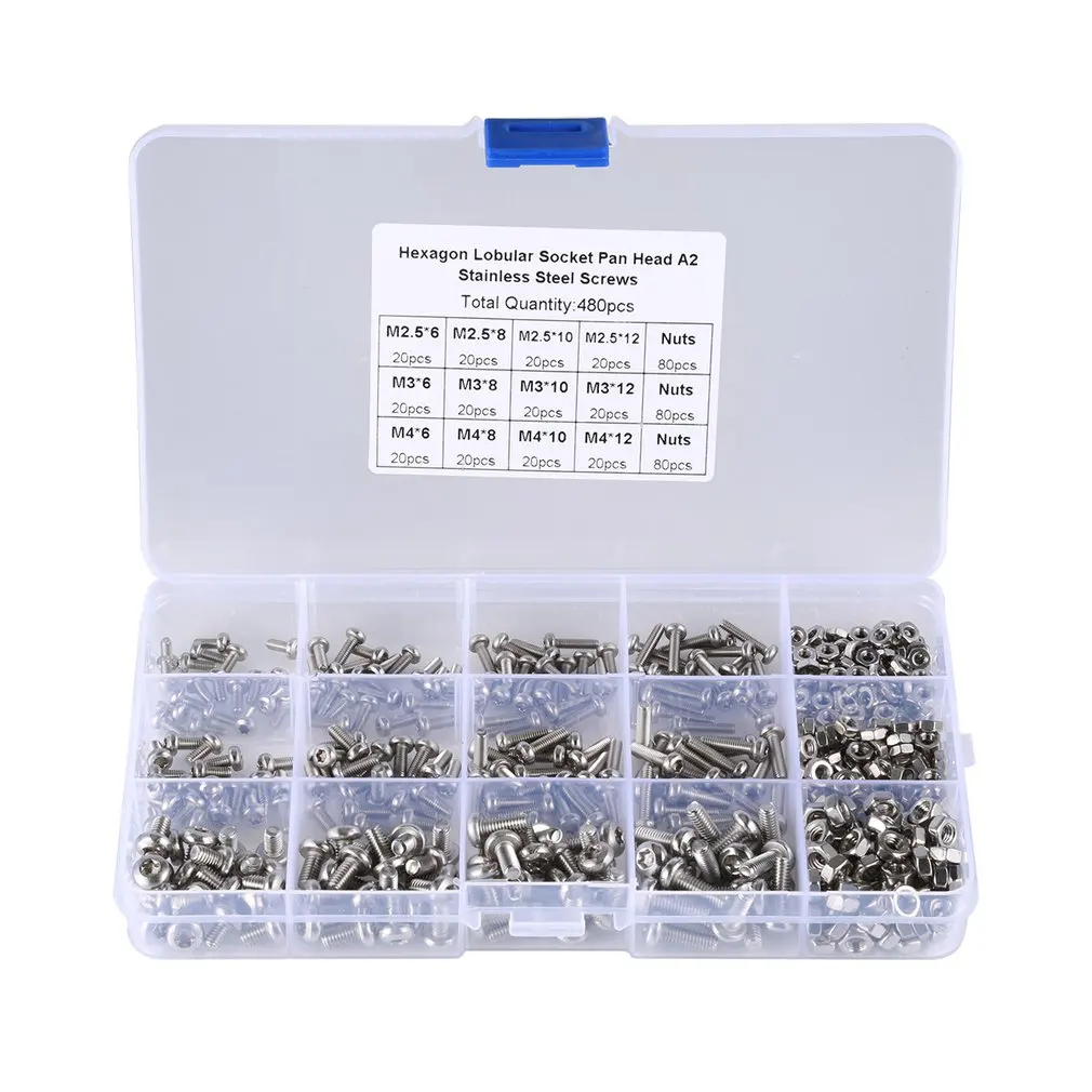 

480PCS M2 Torx Socket Pan Head Bolt Screw Thread For Wood Insert Furniture Nuts Assortment Bolt Fastener Stainless Steel