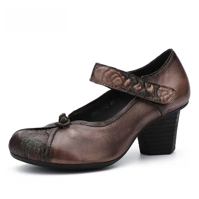 GKTINOO/Новинка года; сезон весна-лето; женская обувь на толстом каблуке с пряжкой в народном стиле; удобная обувь из натуральной кожи с круглым носком в стиле ретро; туфли-лодочки - Цвет: Coffee