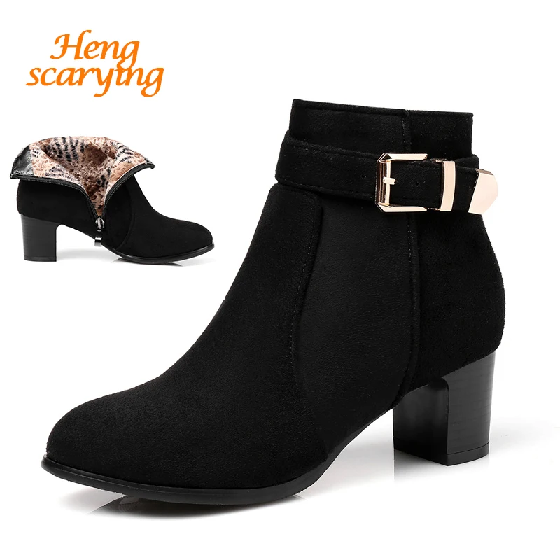 

2018 Plus Size 45 Women 5cm Block Heels Ankle Boots Winter Heels Zip Martin Boots Short Plush Warm Boots Lady Buckle Suede Shoes