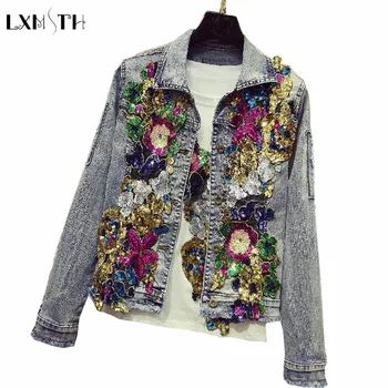 

LXMSTH Sequins Women Denim Jacket Spring Autumn Fashion Short Slim Floral Embroidery Jean Jackets Long Sleeve Ladies Denim Coat