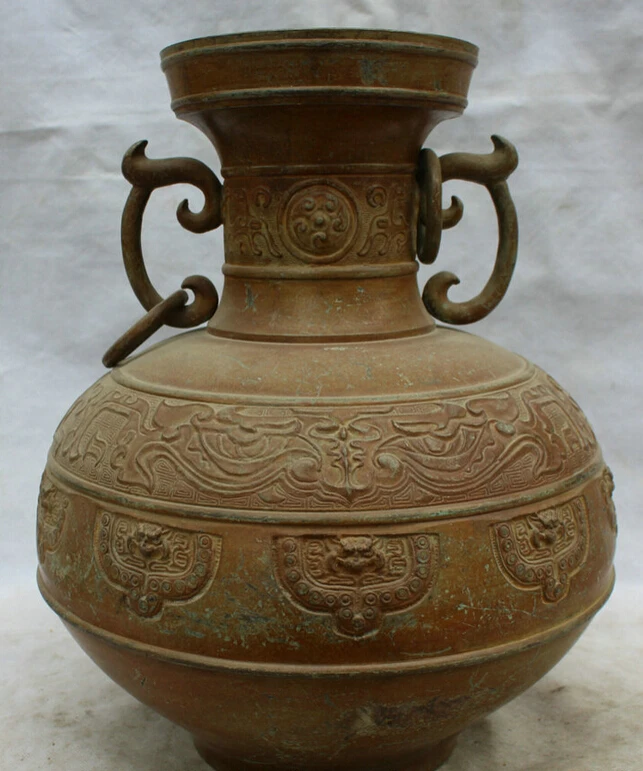 

Collectible bronze S1604 14" Ancient Chinese Dynasty Palace Bronze Beast Head handle flower Bottle Vase