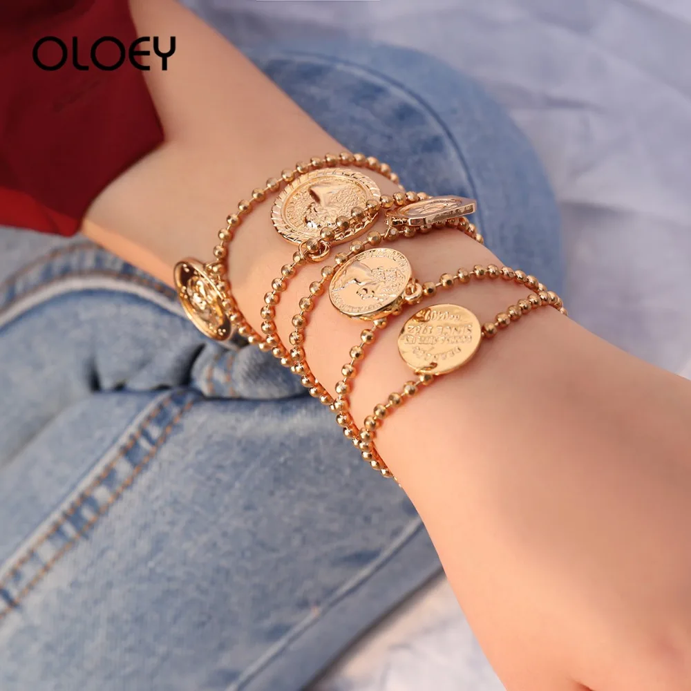 

OLOEY Vintage Punk Bracelets Women Party Boho Hand Chains Fashion Coins Pendant Embossed Bracelet Jewelry Accessories Gifts