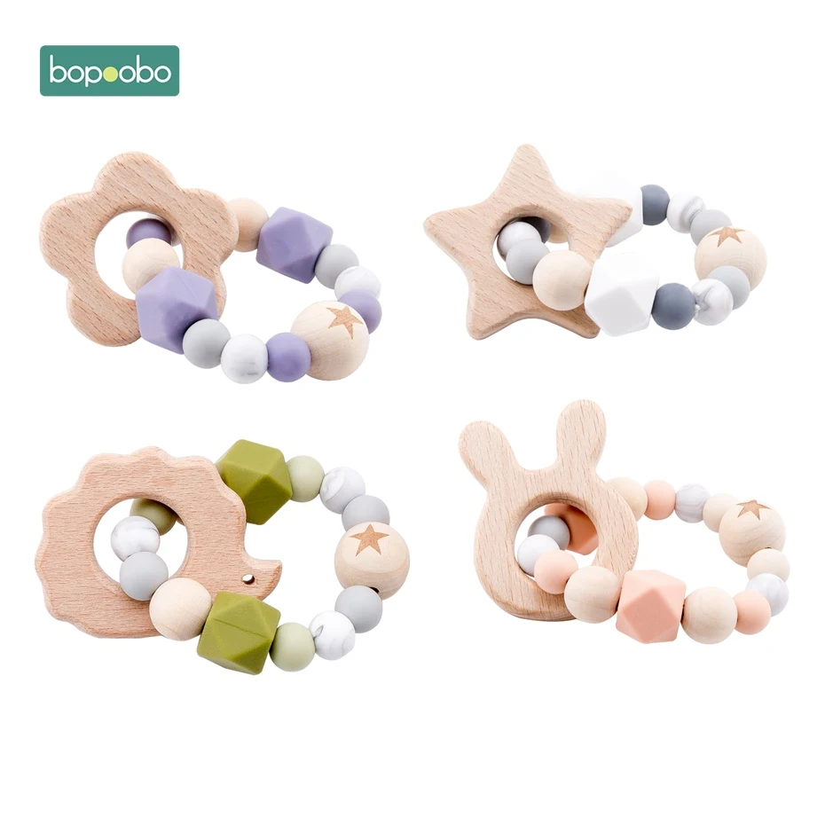 Bopoobo 1 шт. детские погремушки из бука кролик зубцы из древесины бусины Силиконовые Прорезыватели браслеты Монтессори игрушки для детей Детские Подарочные игрушки