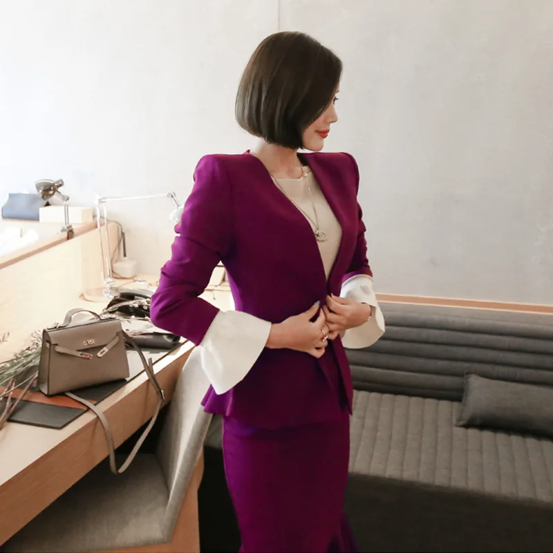 

Set women's fashion V-neck purple suit jacket + high waist ruffled skirt elegant two-piece 2019 autumn and winter new