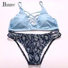 2016 Brazilian Women Snakeskin Shorts Back Cross Wrap Top Light Blue Cheeky Bikini Strappy Padded Swimsuit
