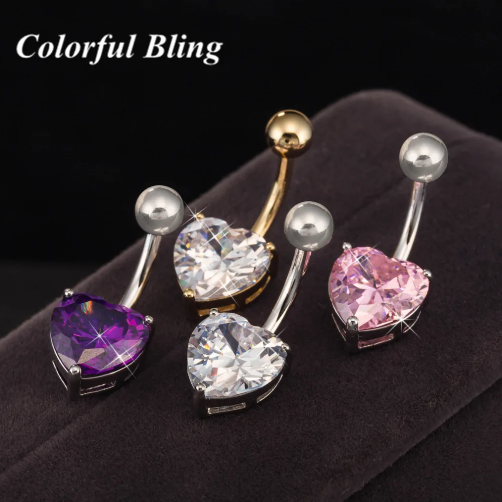 

Colorful Bling Heart Crystal Navel Belly Button Rings Silver & Gold Body Jewelry Good Quality