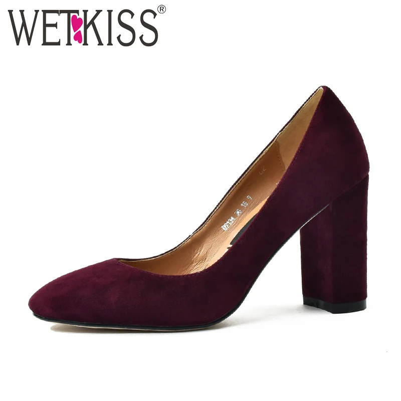

WETKISS New Arrival Genuine Leather Suede Pumps Women Fashion Burgundy Thick Heels Solid Slip Shoes Woman Office Ladies Footwear