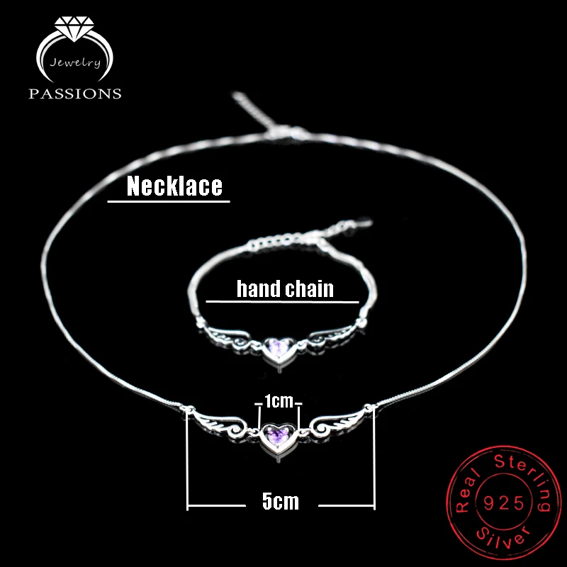 Hot 925 Sterling Silver Love Heart Angel Wing CZ Jewelry Set Purple AAA Zircon Pendant Necklace And Bracelet Women Fashion Gift