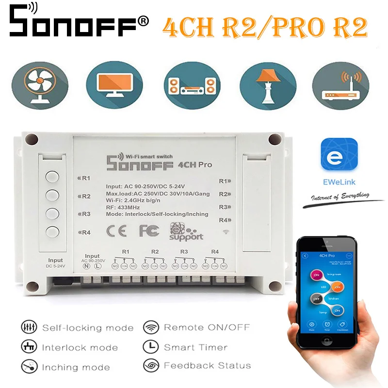 Sonoff 4CH Pro R2, умный Wifi переключатель 433 МГц RF Wifi светильник 4 банды 3 режима работы инчинг интерлок умный дом с Alexa