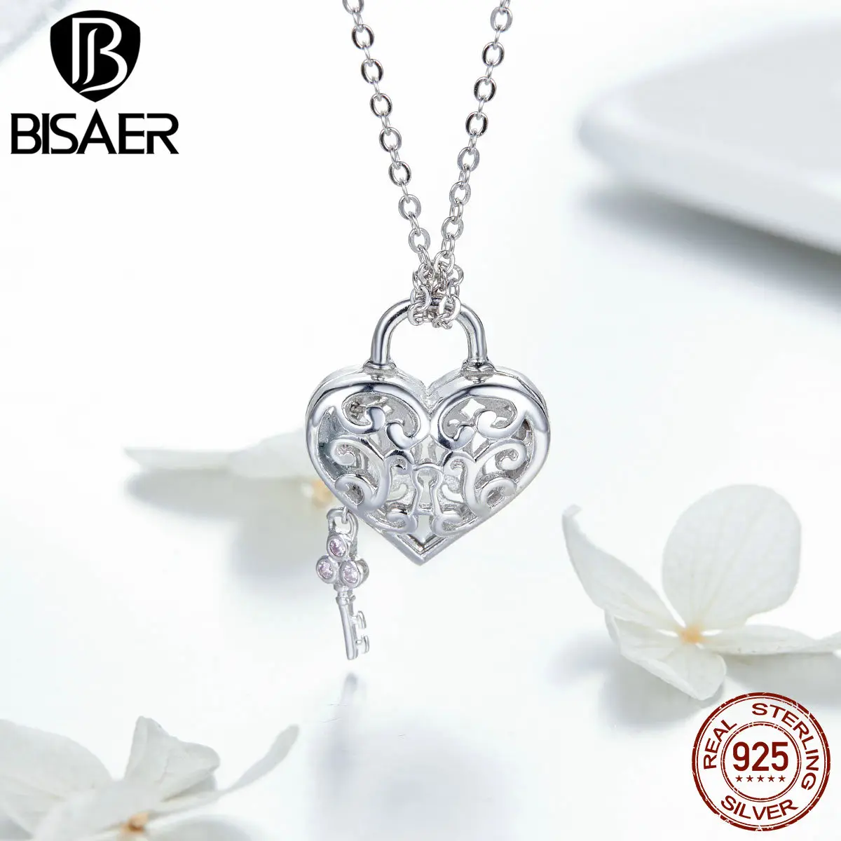 BISAER, серебро 925 пробы, "замок мое сердце", ювелирные изделия для влюбленных, модный стиль, подвеска на цепочке, ожерелье, серебряные ювелирные изделия, подарки ECN321