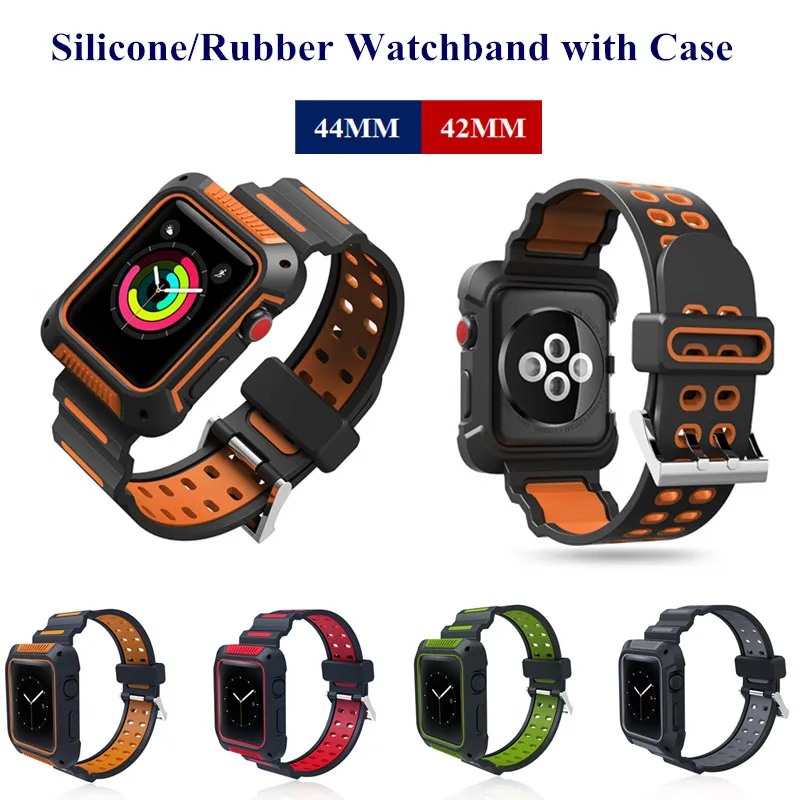 

Shockproof Rubber Protective Bumper Case with Silicone Watch Band Replacement Wristband for Apple Watch Series 4 44MM 42MM Strap