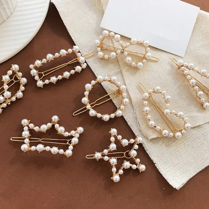 

2019 Women Fashion Korea Imitiation Pearl Hair Clips Hair Accessories Geometric Round Triangle Hair Barrettes free shipping