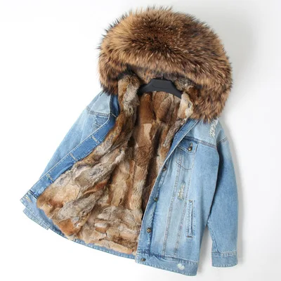 OFTBUY зимняя женская куртка с натуральным мехом, короткое пальто, парка с натуральным енотовым лисьим воротником, подкладка из кроличьего меха Рекс, джинсовая куртка-бомбер с дырками - Цвет: raccoon fur collar