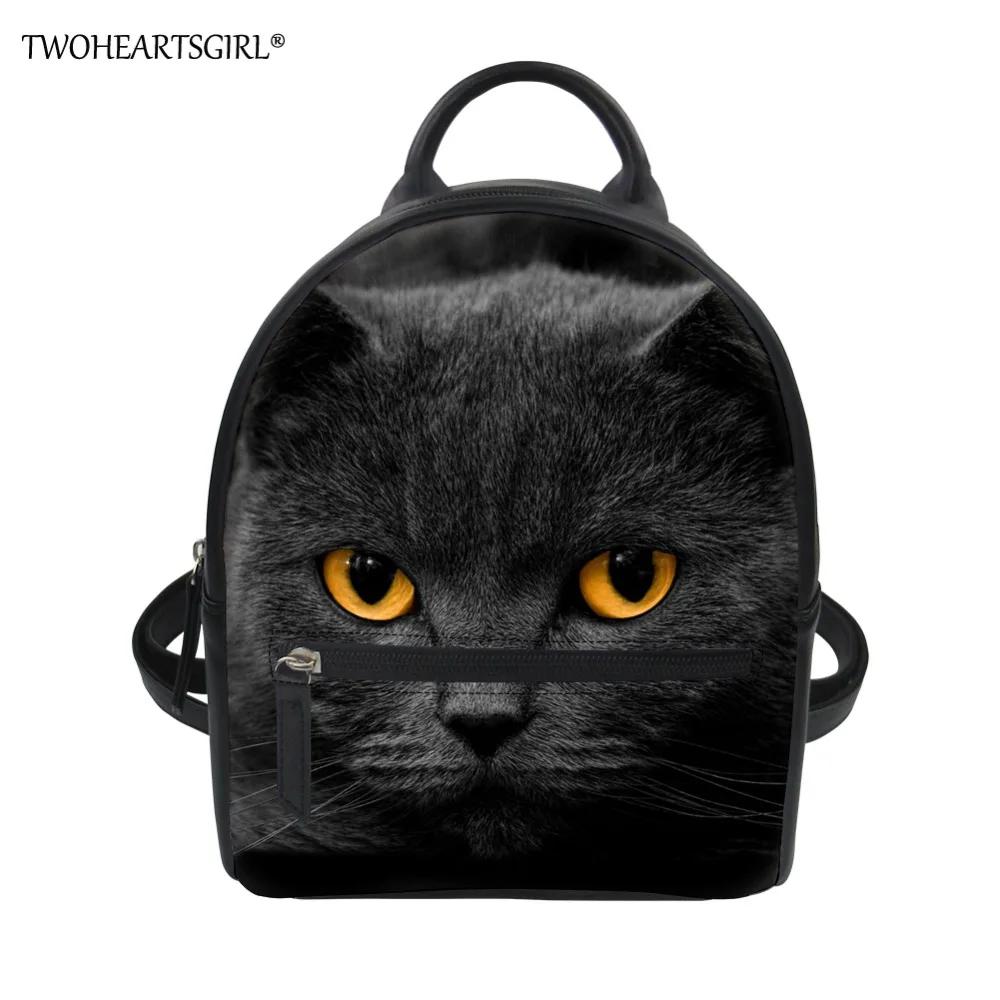 TWOHEARTSGIRL Mini Black Backpack for Women Cute Cat Printing Leather Rucksack Student Girls Shoulder Bags Travel Beach Bagpack