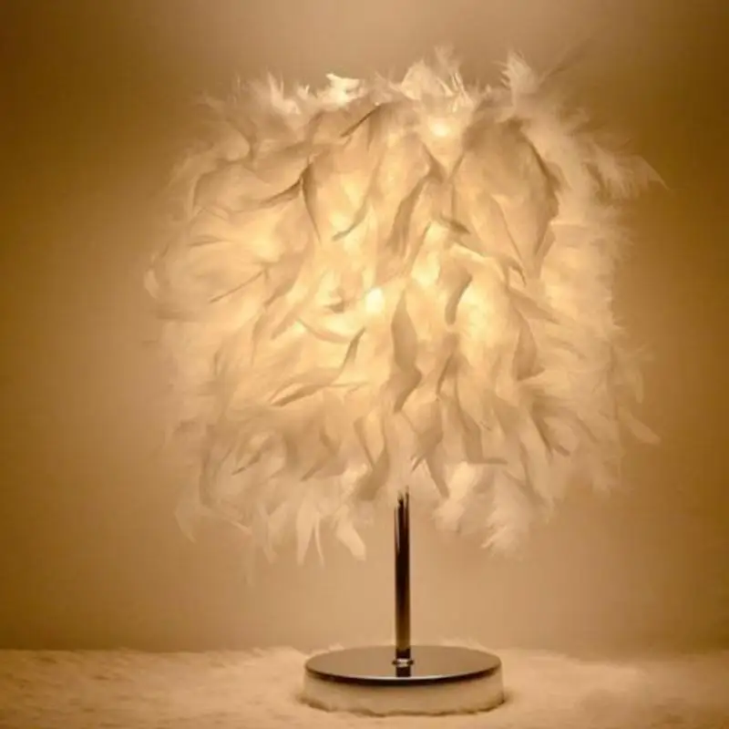 Feather Shade Table Lamp Metal Vintage Elegant Bedside Desk Night Light