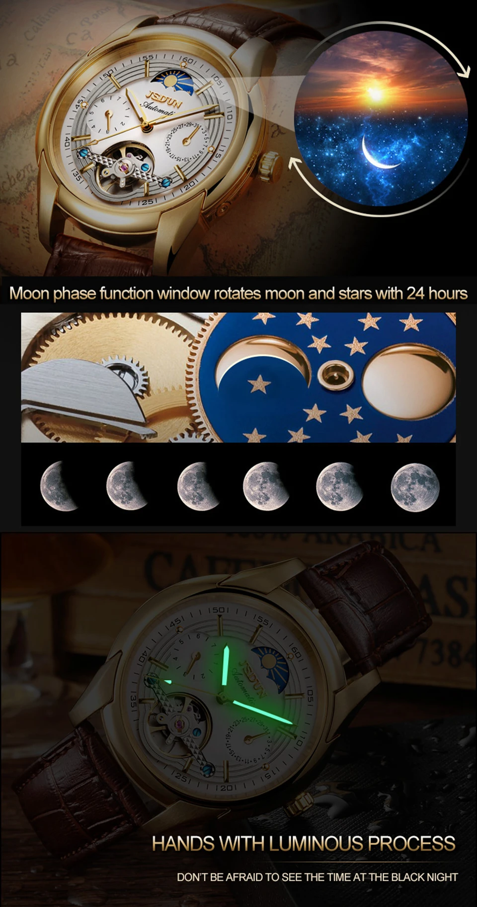 Автоматические механические часы мужские кожаные JSDUN Moon phase Мужские s часы лучший бренд класса люкс классические бизнес золотые мужские наручные часы Новые