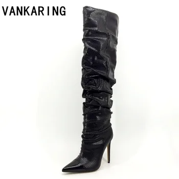 

VANKARING brand snake microfiber leather women over the knee high boots sexy pointed toe western boots woman dress dance boots