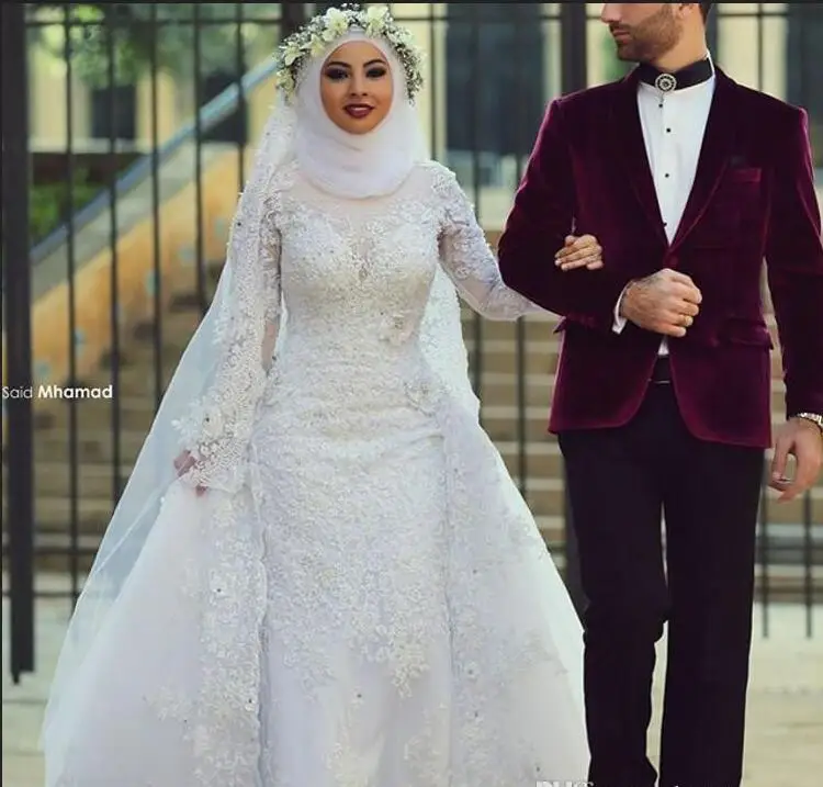 Арабское, с длинными рукавами кружевный мусульманский юбка свадебные платья, арабские исламский мусульманский хиджаб свадебное платье высокий вырез, свадебные платья с вуалью