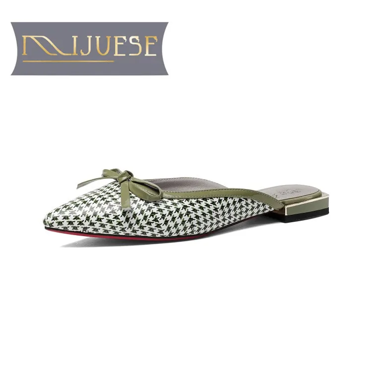 

MLJUESE 2018 women slippers summer Genuine leather Crocodile slip on pointed toe panted heel slides sandals women mules