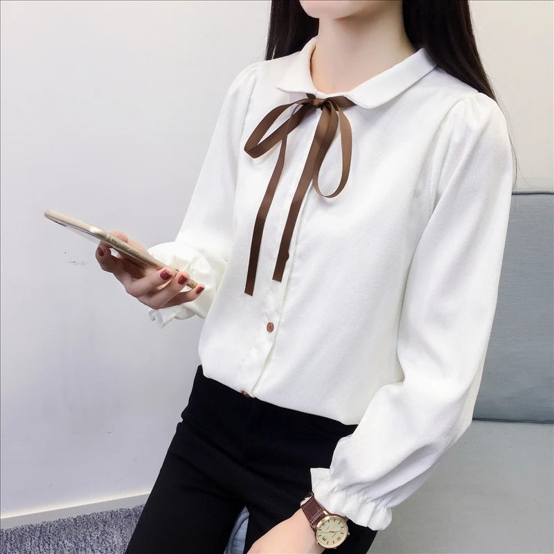 Autumn Long Sleeve Women Shirt Preppy Style Bow Woman Shirt Corduroy Plus Thick Solid Color Women Blouses Turn-Down Collar Top (10)