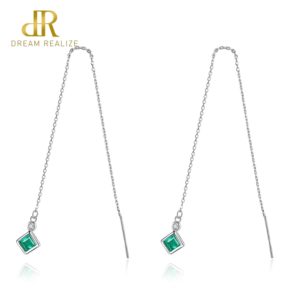 

DR Pure 925 Sterling Silver Long Link Chain Dangle Earrings Fascinating 4mm Square Stone Boucles D'Oreilles Pour Les Femmes