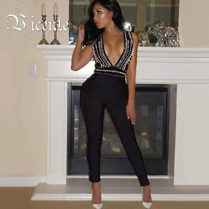 

Vicente HOT 2019 Hot Luxe Heavy Workmanship Multi Beads Embellished Deep Vneck Women Bodysuit Bandage Jumpsuit