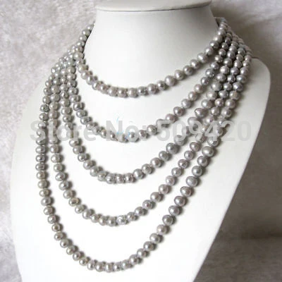 

Free Shipping 100" 6-8mm Silver Gray Freshwater Pearl Strand Necklace