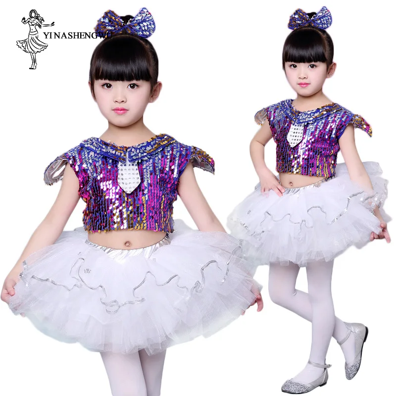 Jazz Dance Costumes for Girls Sequins Children Dance Stage Performance Princess Dress Tutu Modern Ballet Dance Dresses Bright