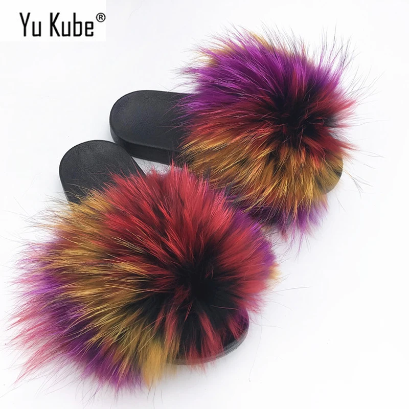 

Yu Kube Fur Flip Flops 2018 New Plus Size Open Toe Real Fox Fur Beach Slides Women's Furry Slippers Cute Plush Fox Hair Shoes