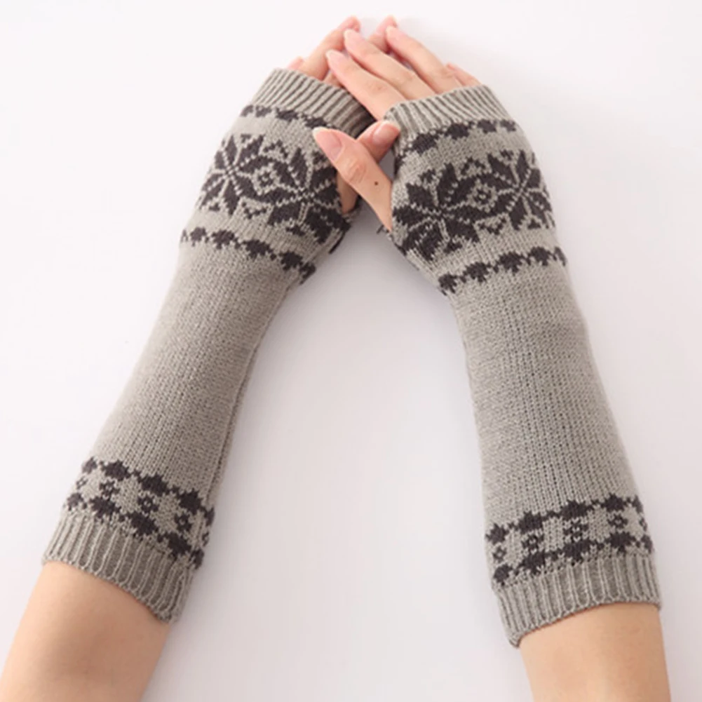 Зимние перчатки с орнаментом для девочек, вязаные Длинные теплые вязаные перчатки без пальцев для женщин, подарок - Цвет: Light Gray