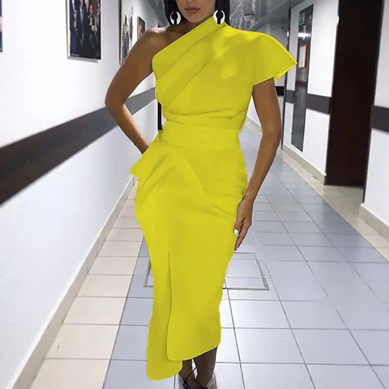 Goedkoop Een schouder party dress vrouwen cocktail kelderen midi jurken Asymmetrische ruches elegante jurk Zomer 2019 wit vestidos