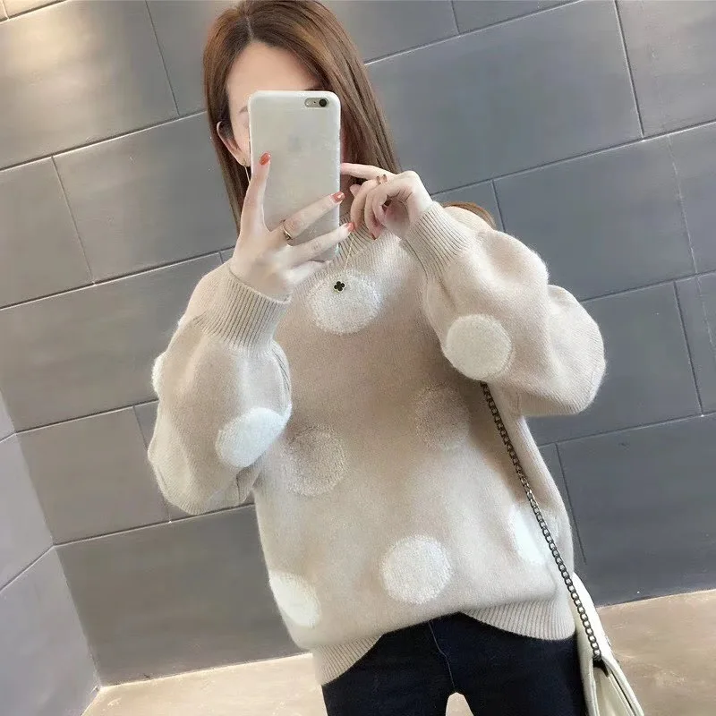

LANMREM Half-high Collar Lantern Sleeves Dot Sweater Wild Casual Fashion Loose Woman 2019 Autumn Winter New TC951
