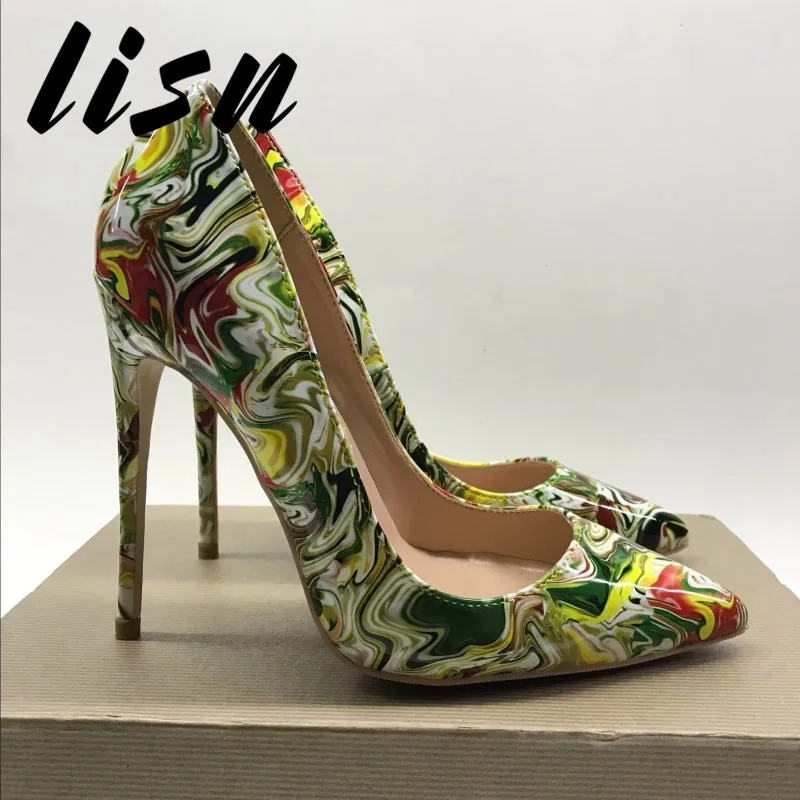 

LISN Pointed Toe Printed Leather Summer Spring Pumps Slip On Thin HIgh Heel Ladies Wedding Pumps Shoes Women Dress Party Shoes