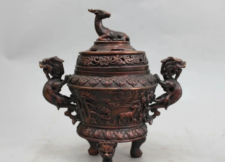 

China Bronze Copper Dragon Kylin Ears deer Buddhism Censer incense burner a 0518