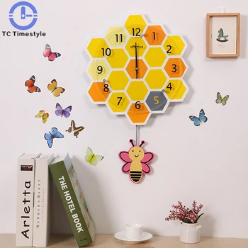 

Fashion Cute Bee Creative Wall Clock Swing Modern Children Bedroom Wooden Mute Watch Quartz Glass Home Decoration Needle