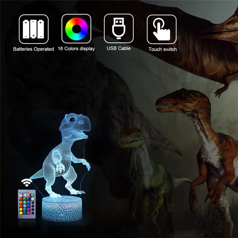 Динозавр 3D иллюзия светодиодный ночник 16 цветов Игра настольная лампа дистанционного сенсорного декора дети Рождество праздник игрушка на день рождения подарок