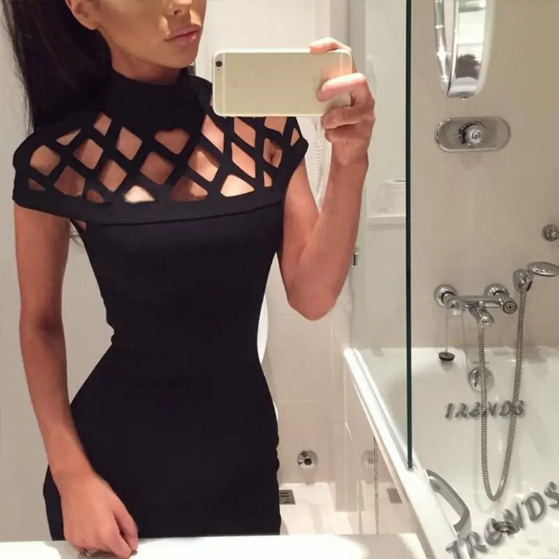 

Party Night Turtle Neck Club Dress Hollow Out Mesh Slim Dresses Sexy Skinny Cut Off Black Mini Bodycon Brand Vestidos New TT