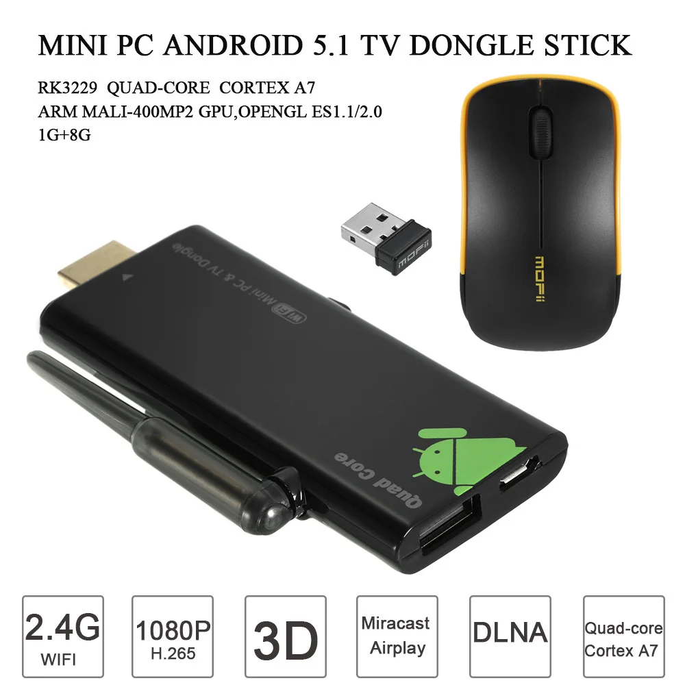 V21 мини-ПК Android 5,1 tv Dongle tv Stick четырехъядерный RK3229 1G/8G Bluetooth Miracast DLNA Airplay WiFi EU Plug