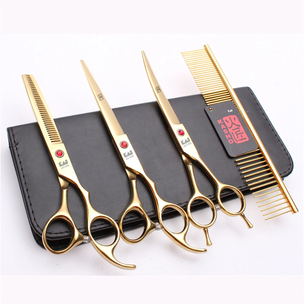 

H3002 4Pcs 7" 19.5cm Kasho Titanium JP 440C Comb+Cutting+Thinning Scissors+UP Curved Shears Professional Pets Hair Scissors Set
