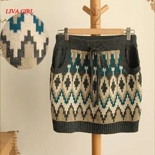 Vintage geometric pattern mini short knitted skirt winter mori girl
