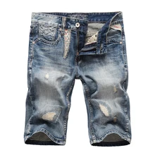 Summer Fashion Men Short Jeans Blue Color White Washed Patchwork Ripped Jeans Men Denim Shorts Streetwear Hip Hop Jeans Shorts white floral lace patchwork denim jeans
